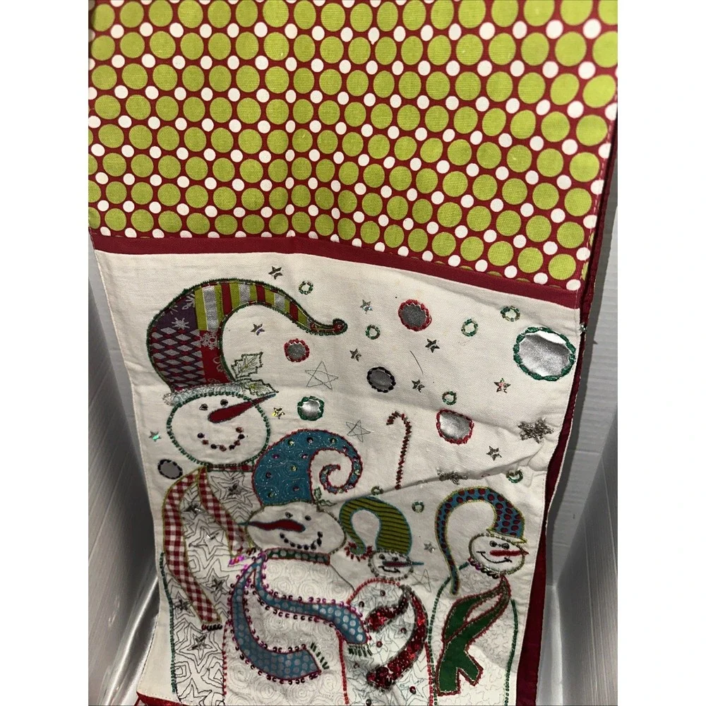 Pier 1 Imports Snowman Christmas Table Runner Embroidered Beaded Fringe 108x13